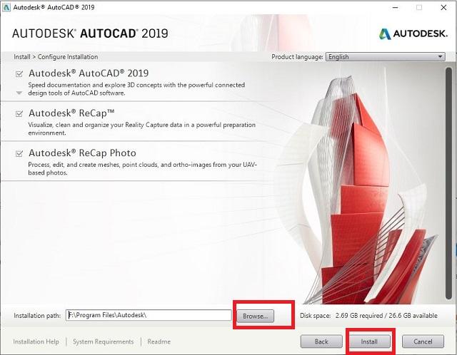 Chọn không gian cài đặt Autocad 2019 trên máy tính
