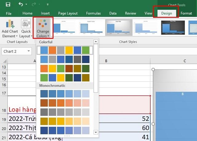 Chọn màu sắc cho biểu đồ bằng cách bấm vào Design và click Change Colors