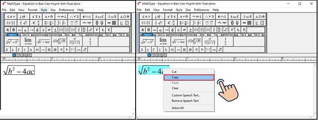 Chọn và Copy công thức toán học cần sử dụng trên giao diện Mathtype